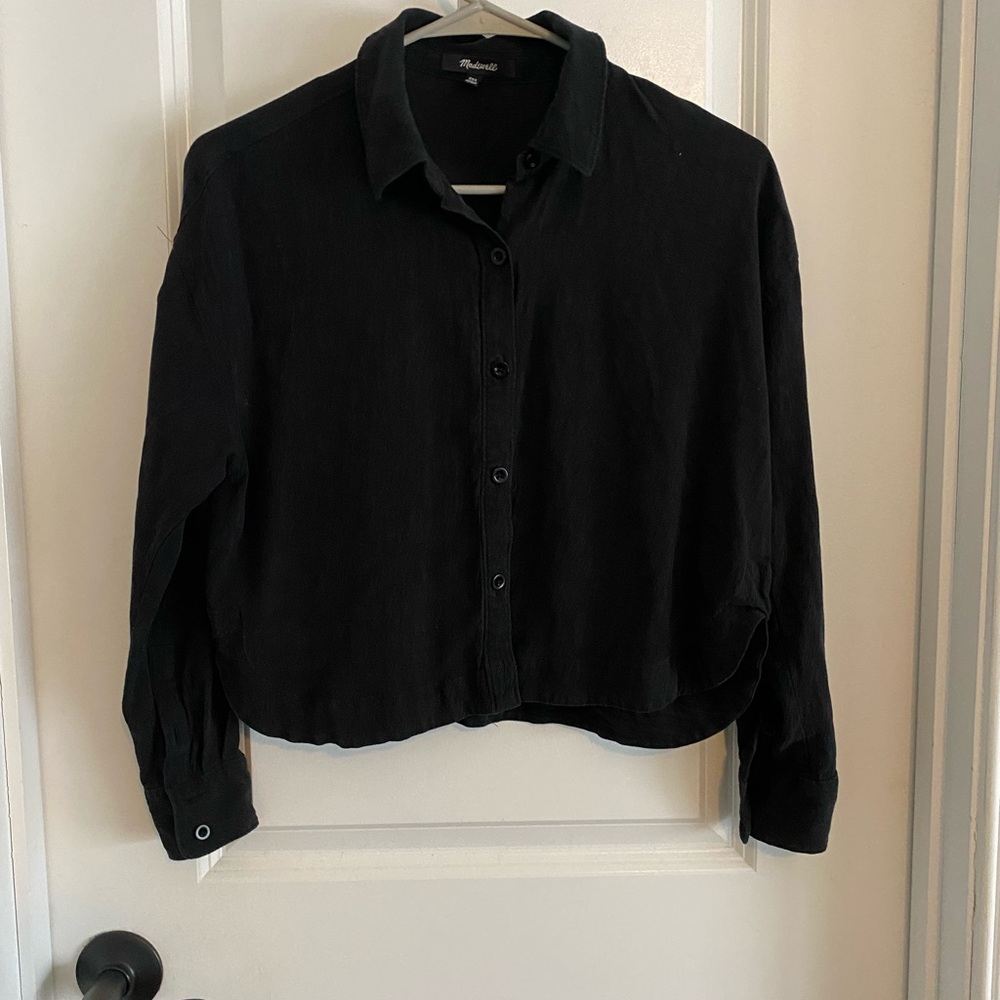 Madewell Black Textured Oversized Boxy Cropped Button-Down Shirt